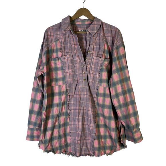 We The Free Plaid Oversized Top Size M Pink Collared 100% Cotton Grunge Boho - Picture 2 of 6